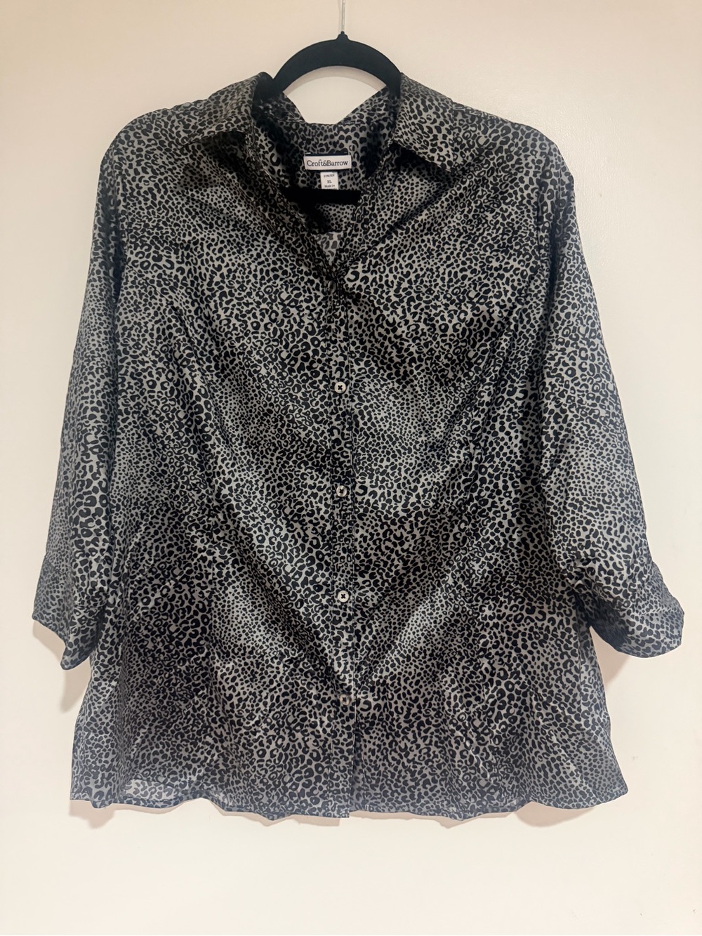croft & barrow Black and Gray Leopard Print Button-Up Blouse